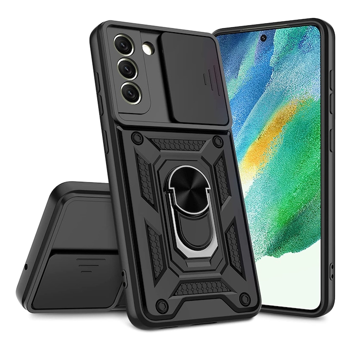 Husa Daden® cu inel rotativ 360 pentru Samsung A34, Antisoc, Slider pentru protectia camerei, Negru