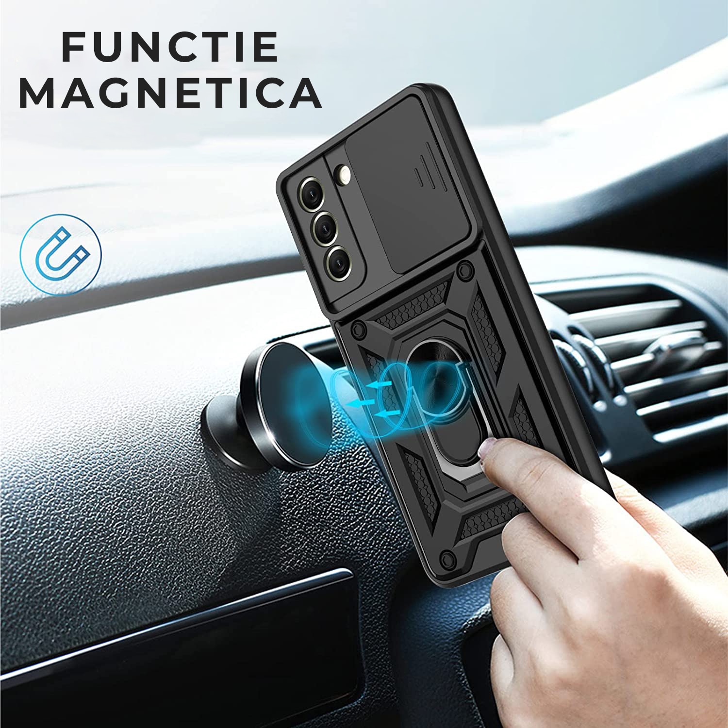 Husa Daden® cu inel rotativ 360 pentru Samsung A34, Antisoc, Slider pentru protectia camerei, Negru