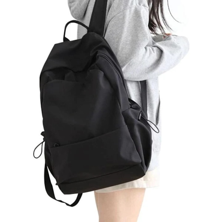 Rucsac/ghiozdan textil impermeabil, usor, cu compartiment captusit pentru laptop 14 inch, unisex, negru, 32 x 17 x 45 cm