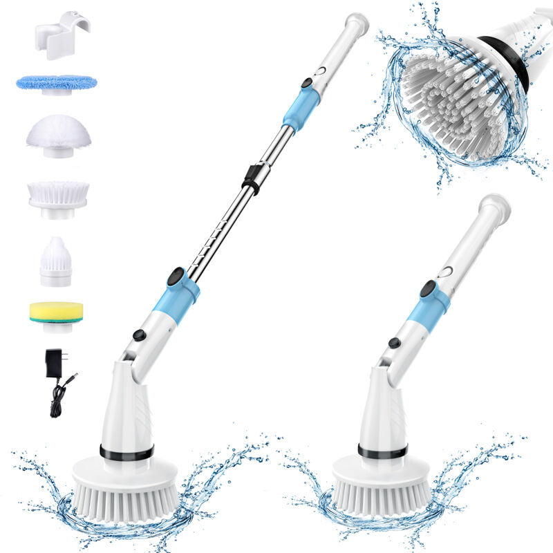 Aspirator rotativ fara fir, 5 perii, albastru alb, maner telescopic 120cm