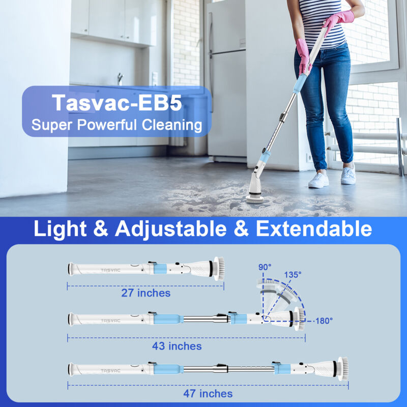 Aspirator rotativ fara fir, 5 perii, albastru alb, maner telescopic 120cm