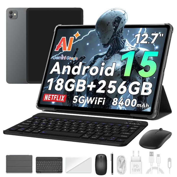 Tableta Blackview LINK 8, 12.7" 2K Ecran, 90Hz, Gemini Ai Android 15, 18GB+256GB(TF 2TB),8400mAh, 16MP+13MP, PC Mode 2.0, BT 5.0/GPS/Face ID, Accesorii standard (Mouse/Tastatura/Carcasa protectie/Protectie ecran/Stylus/Casti), Fara cartela SIM, Gri
