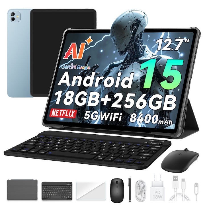 Tableta Blackview LINK 8, 12.7" 2K Ecran, 90Hz, Gemini Ai Android 15, 18GB+256GB(TF 2TB),8400mAh, 16MP+13MP, PC Mode 2.0, BT 5.0/GPS/Face ID, Accesorii (Mouse/Tastatura/Carcasa protectie/Protectie ecran/Stylus/Casti), Fara cartela SIM, Albastru