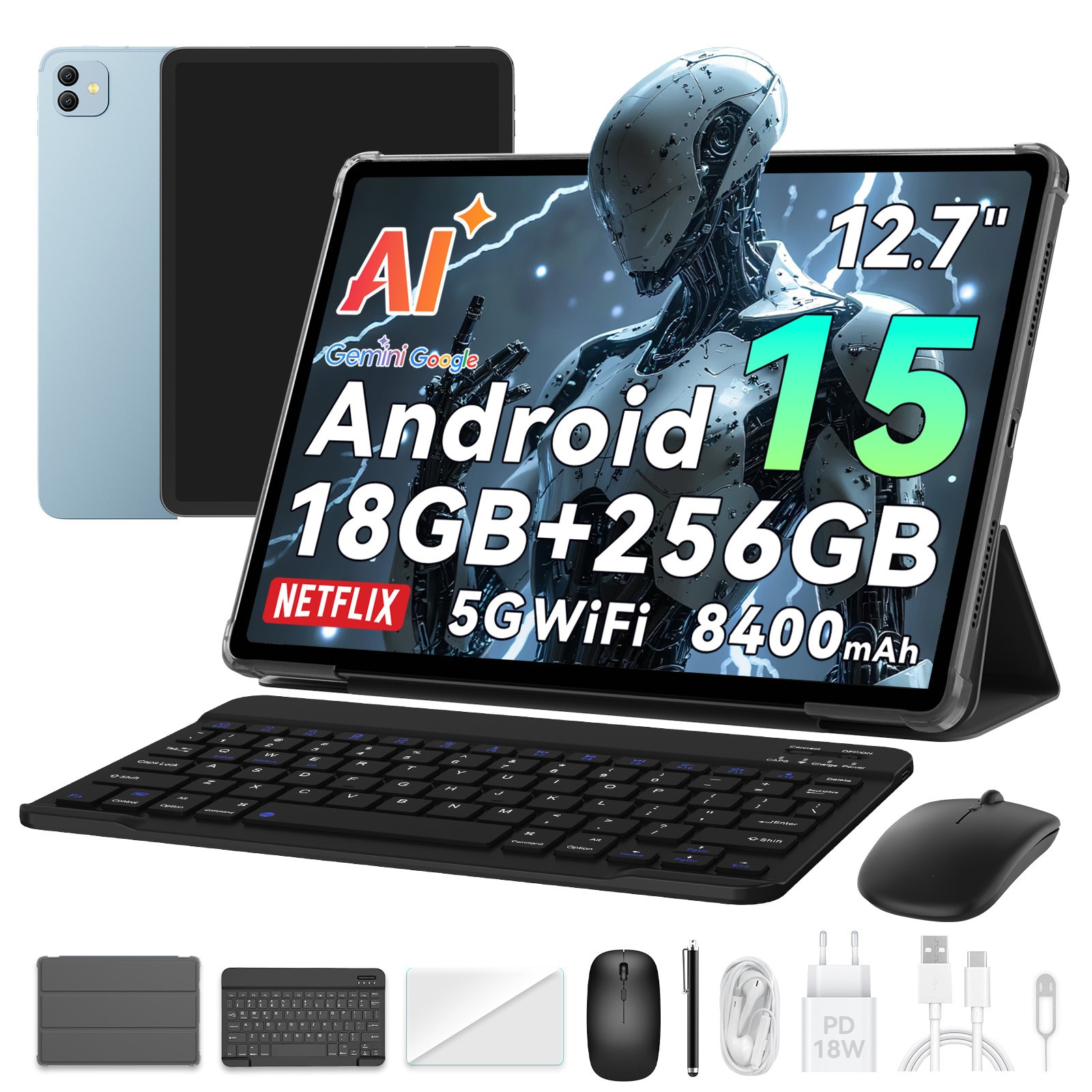 Tableta Blackview LINK 8, 12.7" 2K Ecran, 90Hz, Gemini Ai Android 15, 18GB+256GB(TF 2TB),8400mAh, 16MP+13MP, PC Mode 2.0, BT 5.0/GPS/Face ID, Accesorii (Mouse/Tastatura/Carcasa protectie/Protectie ecran/Stylus/Casti), Fara cartela SIM, Albastru