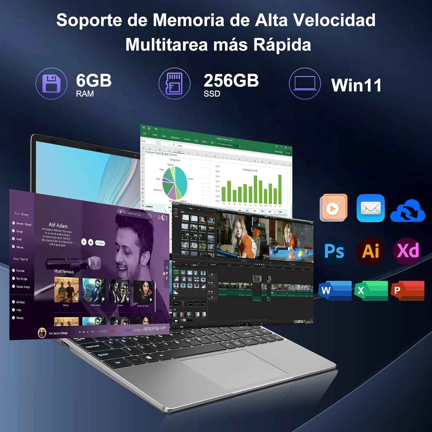 Laptop 14 inch Win 11 cu 5G WiFi, 256GB SSD Expansion SSD 1TB（Up to 2.8Ghz）BT4.2 3.0 Port de transmisie 1080P Laptops FHD Bun & Mini Multimedia Port cu Mouse-Gri
