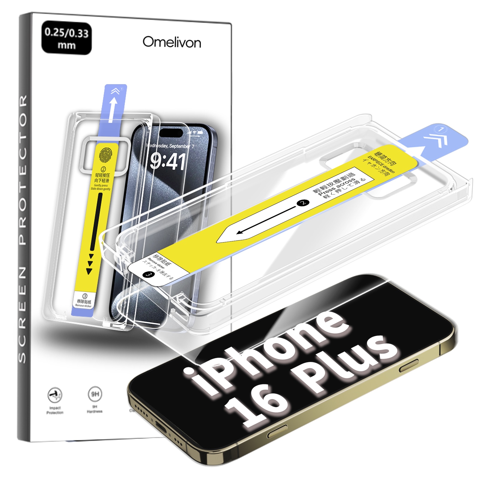 Folie de Protectie pentru iPhone 16 Plus, Omelivon, Sticla Securizata, cu Kit de Aplicare Instanta si Functie Automata de Indepartare a Prafului, Duritate 9H, Ultra HD, Anti Amprente