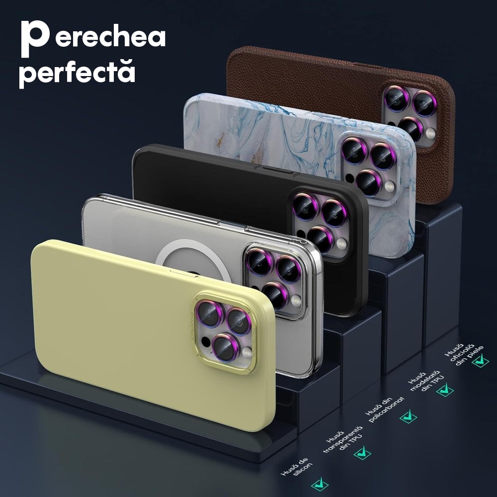 Folie Protectie Lentile Camera pentru Apple iPhone 12 / Apple iPhone 12 Mini, CASEY STUDIOS™ MaxDefense+, Ultra HD, Protectie Profesionala Camere 3D, Anti Amprente, Anti Zgarieturi, Anti Socuri, Curcubeu