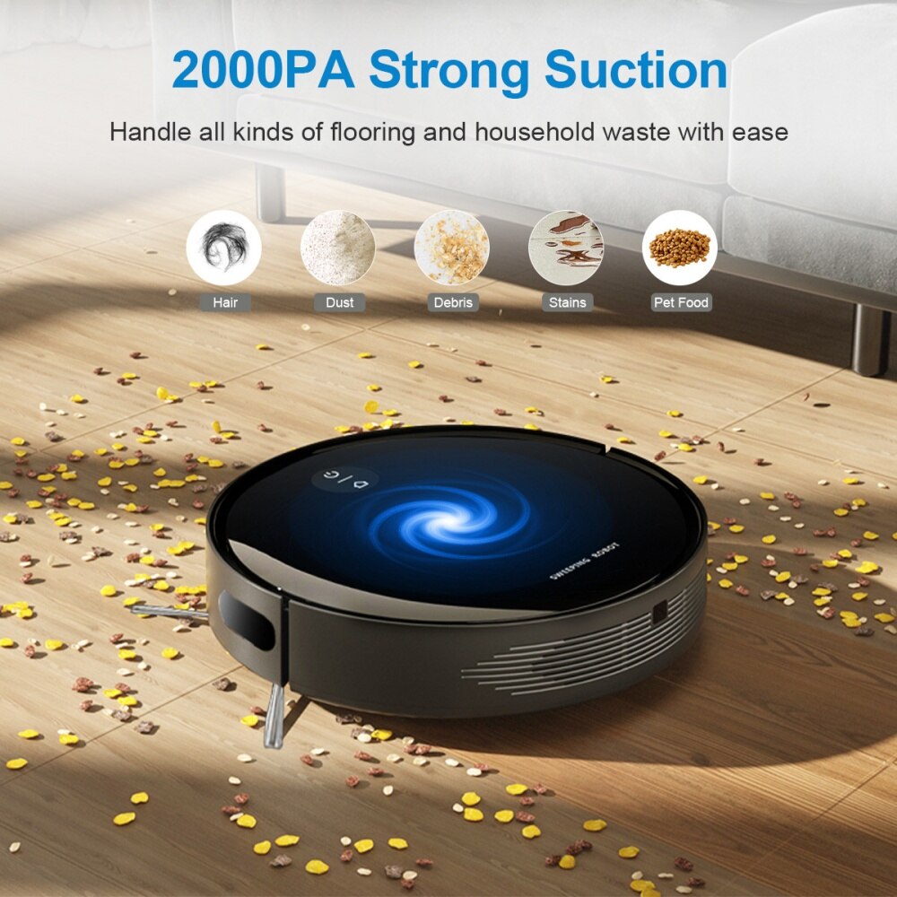 Robot de curatat inteligent, functie combinata de maturat, aspirat si sters, protectie anti-coliziune si zgomot redus, putere de aspirare de 1500 Pa, baterie de 2000 mAh, culoare maro