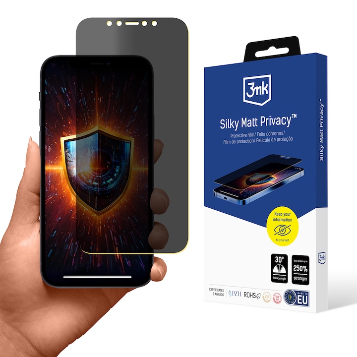 Folie protectie pentru telefon, 3mk Silky Matt Privacy, protectie ecran 250%, finisaj mat, pentru Apple iPhone 12/12 Pro