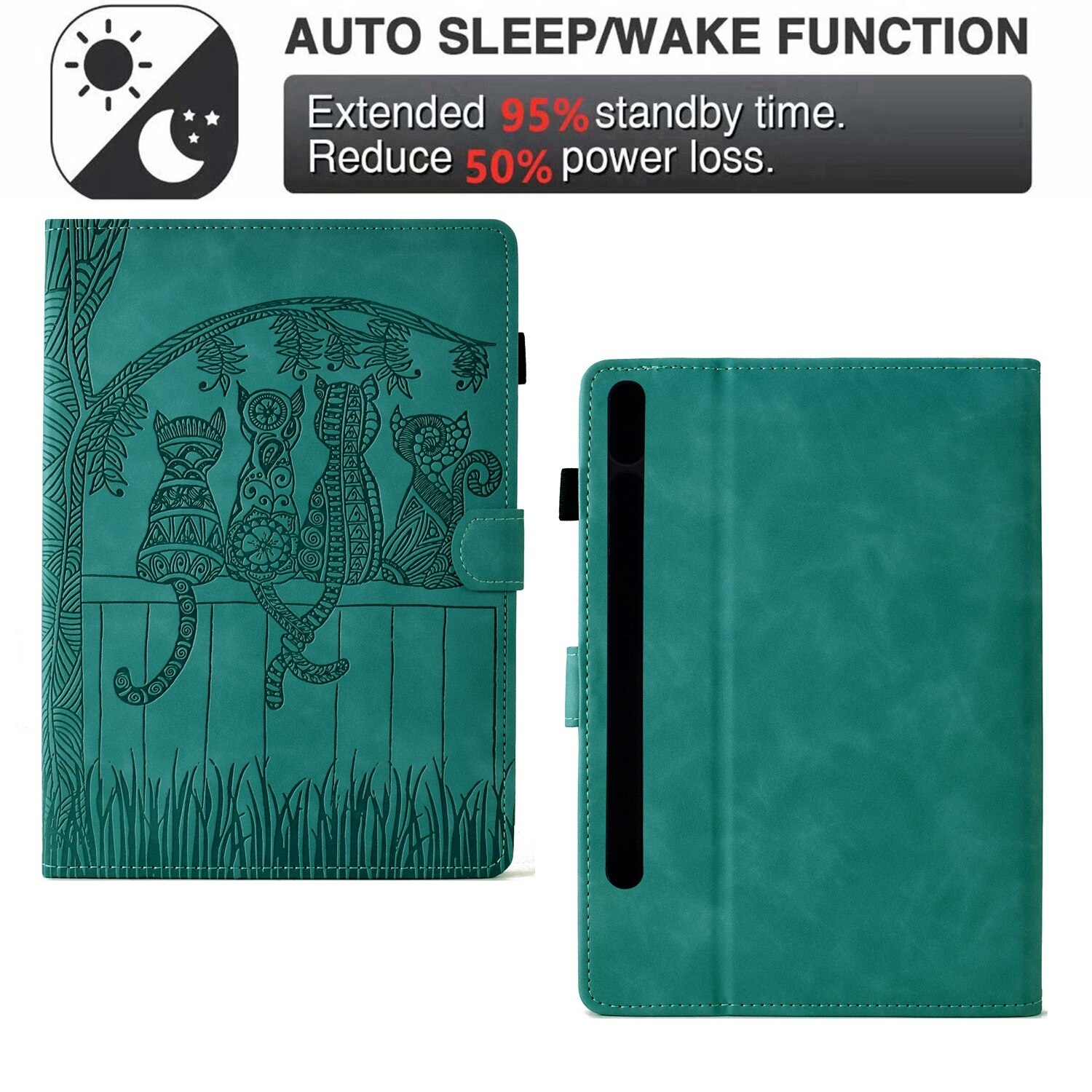 Husa tableta compatibila cu Samsung Galaxy Tab S9, piele cu modele cute de pisici, smart case, albastru deschis