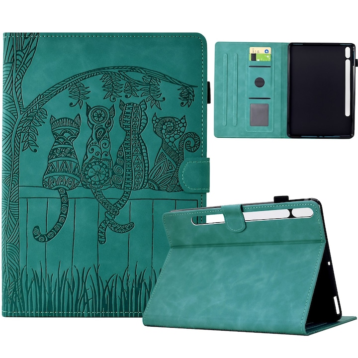 Husa tableta compatibila cu Samsung Galaxy Tab S9, piele cu modele cute de pisici, smart case, albastru deschis