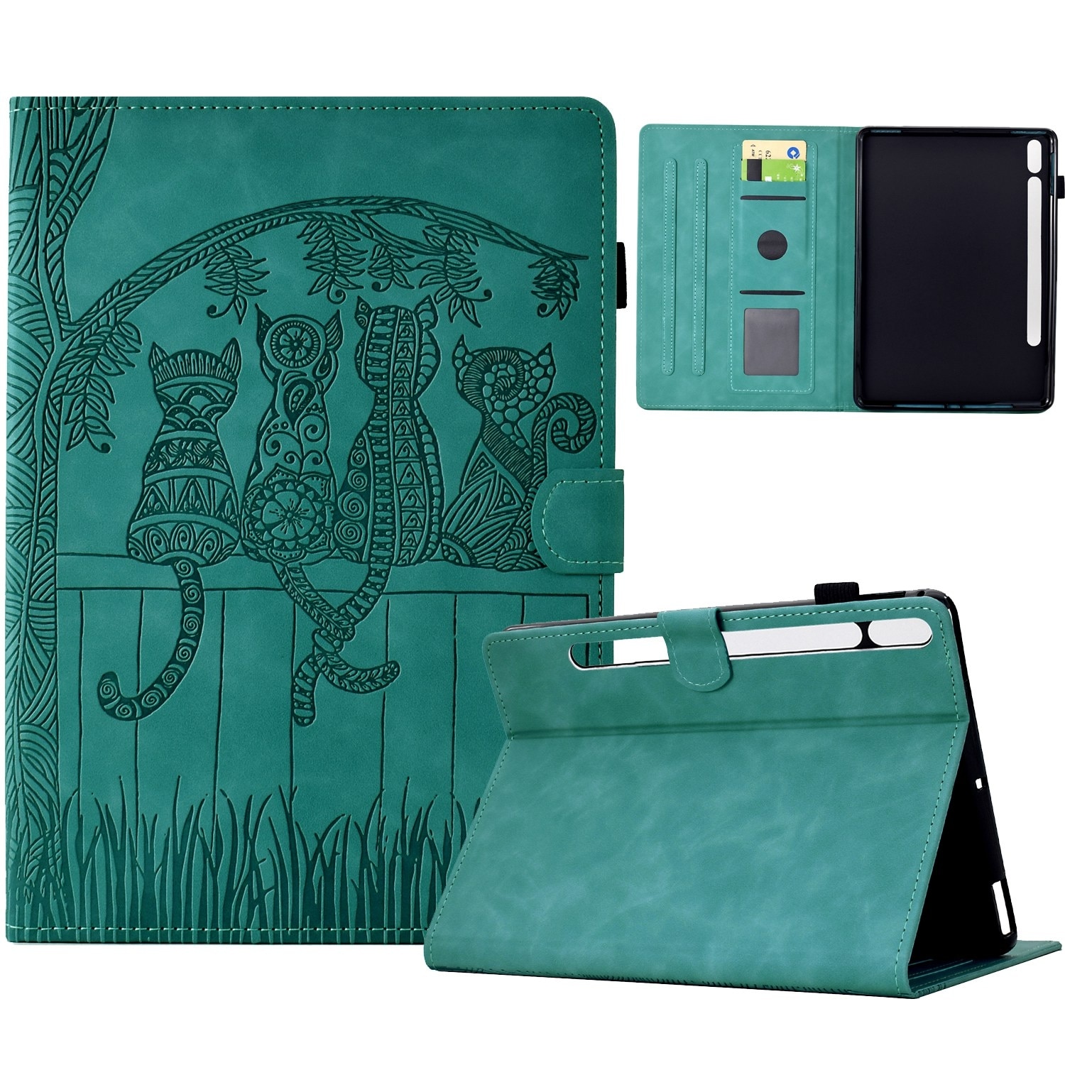 Husa tableta compatibila cu Samsung Galaxy Tab S9, piele cu modele cute de pisici, smart case, albastru deschis