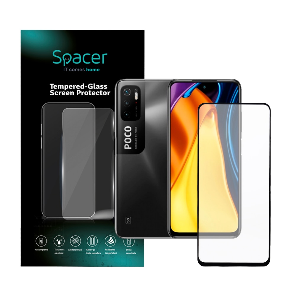 Folie de protectie Spacer pentru Xiaomi Pocophone M3 Pro 5G, sticla 9D, duritate 9H, Tempered Glass