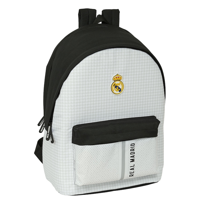 Rucsac Real Madrid Double Backpack pentru Laptop 15.6 inch cu Port USB, Design Oficial Club Fotbal, Ideal Scoala, Calatorii, Activitati Sportive, Material Durabil Poliester, Compartimente Multiple, Confort Maxim, Cadou Perfect pentru Fanii