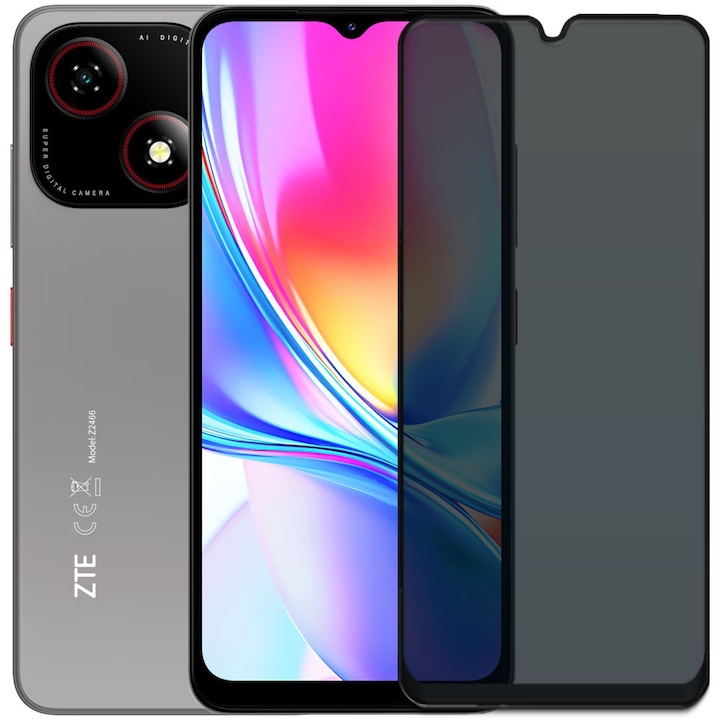 Folie din sticla securizata pentru ZTE Blade A35e, HAMSTERBOX Privacy Shield, Protectie completa ecran, Full face, Aplicare rapida, Case Friendly, Negru
