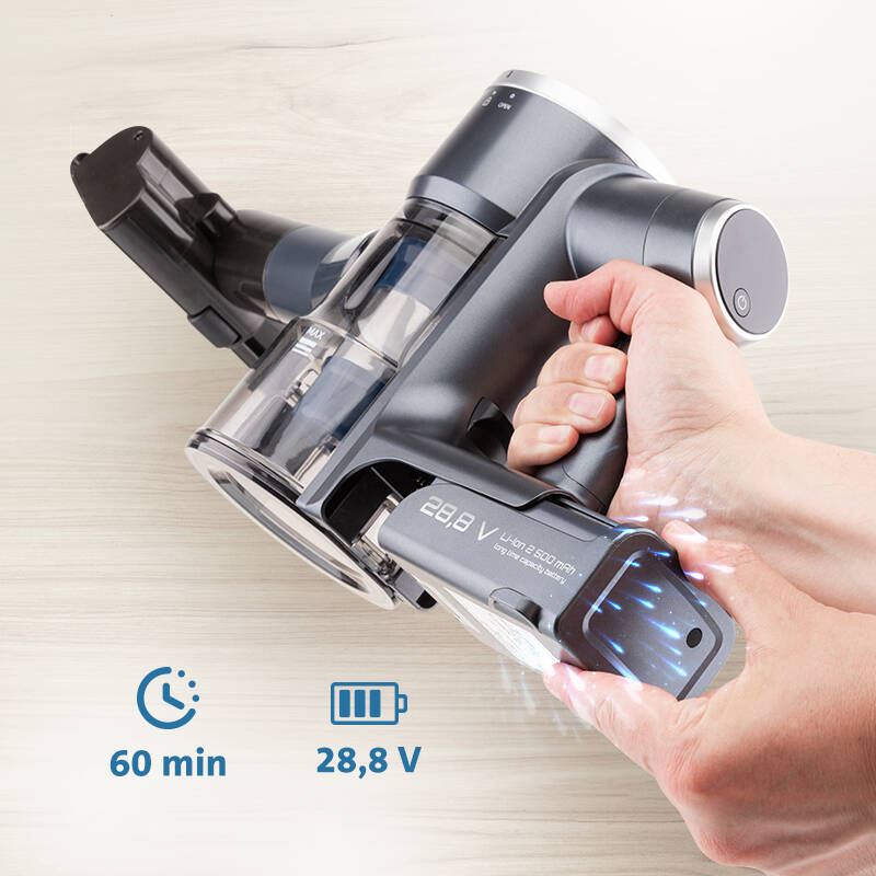 Aspirator vertical fara fir 3 in 1 ETA Panther PRO 7250 90000, statie de autocuratare, autonomie 60 min, motor BLDC 450W, Li-Ion 28, 8 V / 2500 mAh
