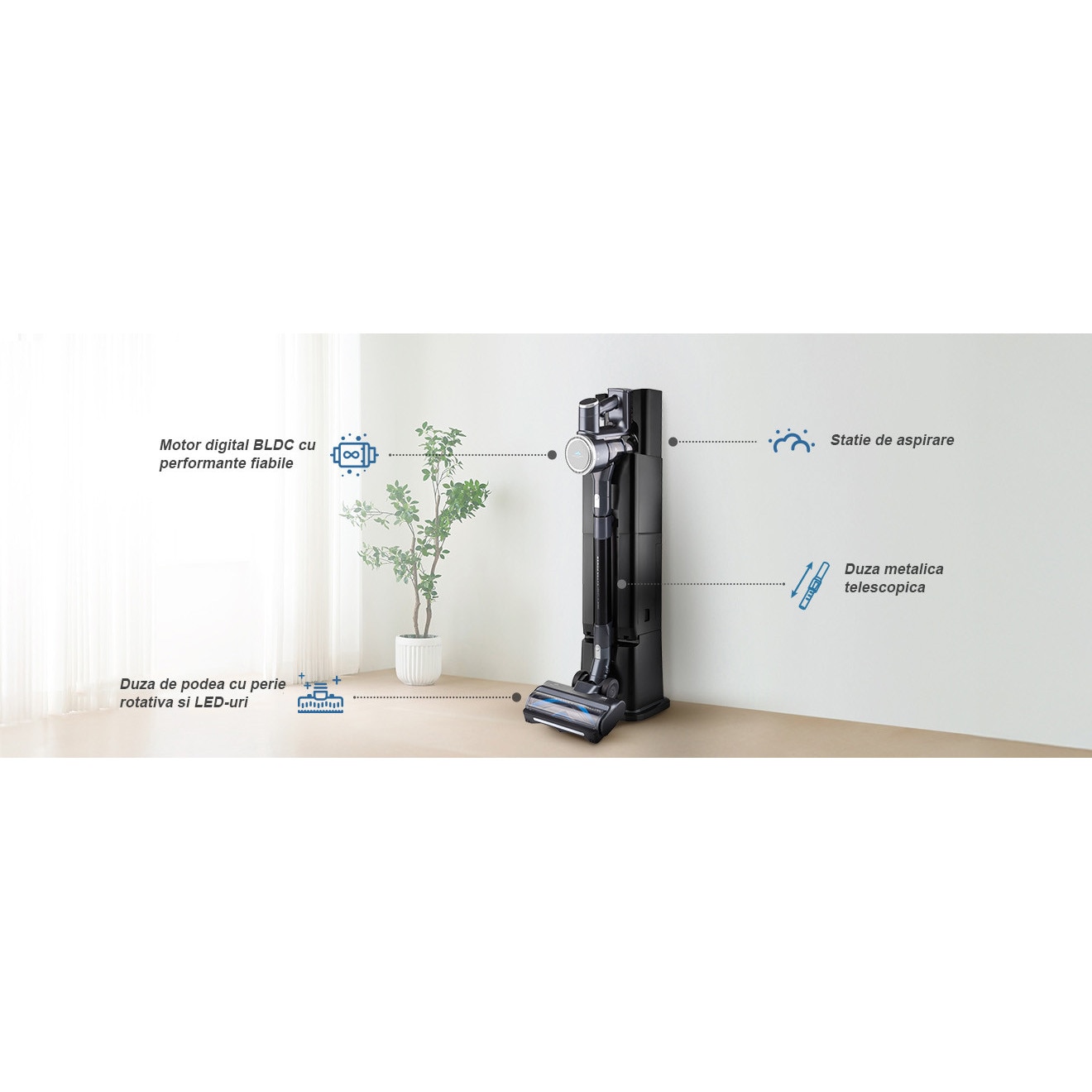 Aspirator vertical fara fir 3 in 1 ETA Panther PRO 7250 90000, statie de autocuratare, autonomie 60 min, motor BLDC 450W, Li-Ion 28, 8 V / 2500 mAh