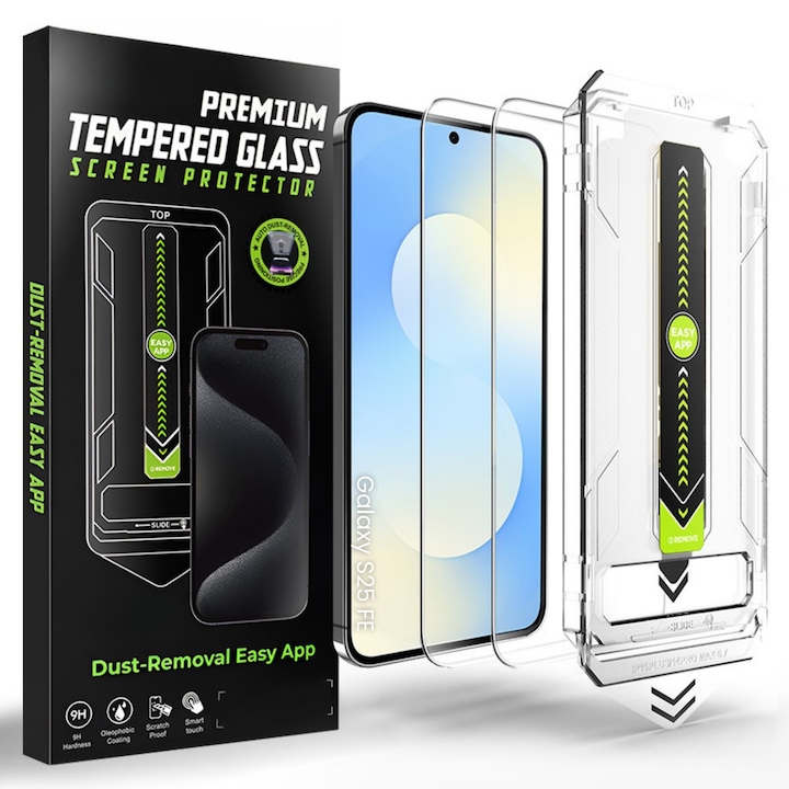 Folie de protectie pentru Samsung Galaxy S25 FE Comari® CrystalTouch, compatibila cu senzor de amprenta, sticla securizata 9H, claritate HD, set 2 bucati, transparenta