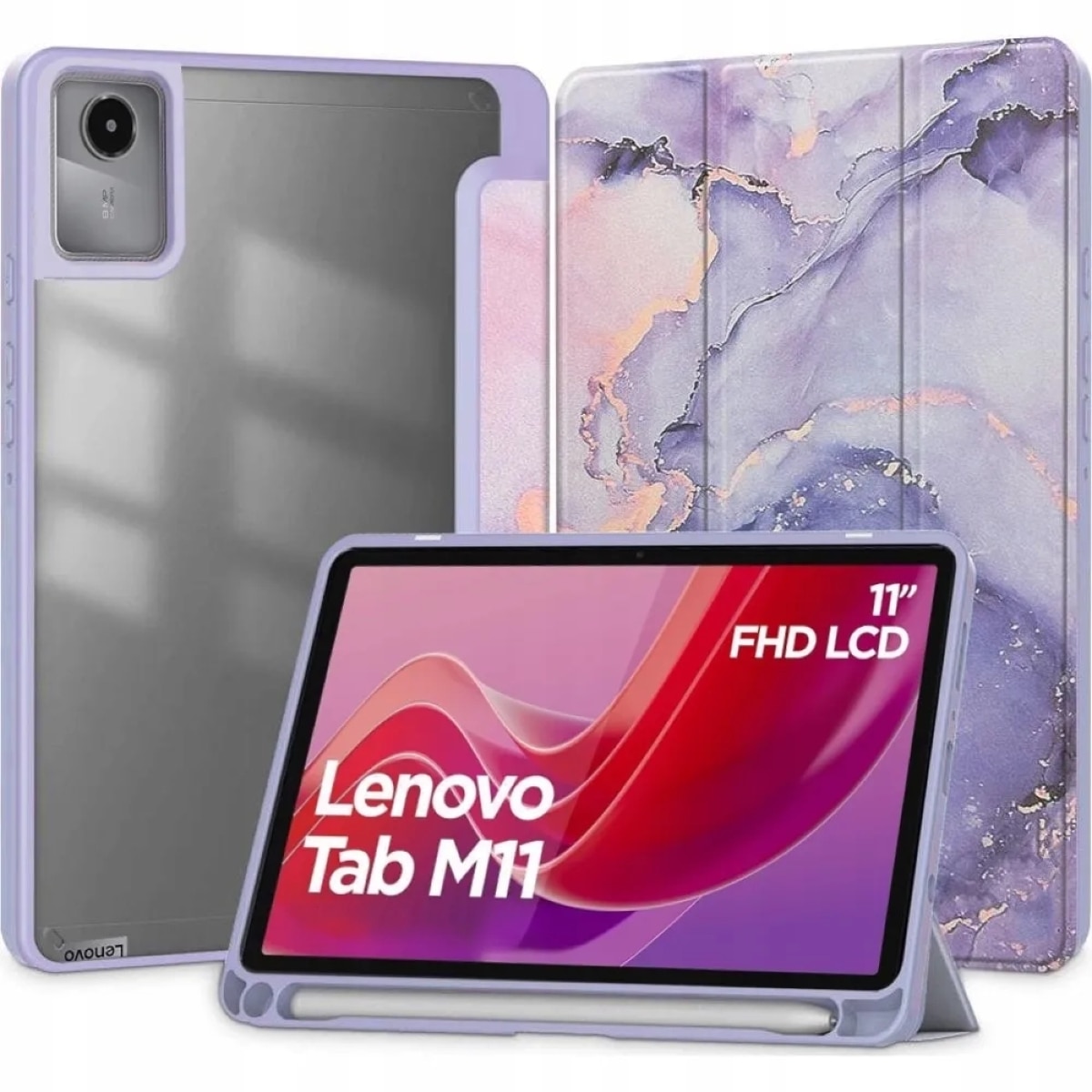Husa pentru tableta, Supero, Lenovo, compatibila cu Tab M11/K11E TB-330FU/TB-330XU/TB-331FC, design Purple Marble cu spate transparent, protectie impotriva zgarieturilor si socurilor, usor de montat, material de inalta calitate, violet