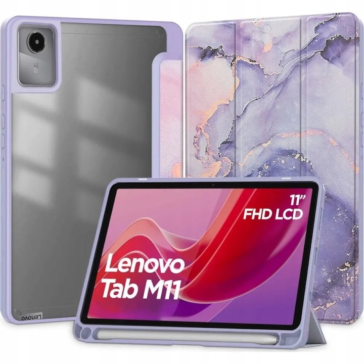 Husa pentru tableta, Supero, Lenovo, compatibila cu Tab M11/K11E TB-330FU/TB-330XU/TB-331FC, design Purple Marble cu spate transparent, protectie impotriva zgarieturilor si socurilor, usor de montat, material de inalta calitate, violet