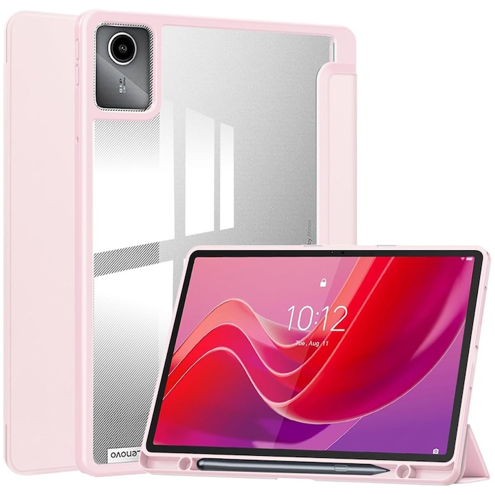 Husa cu clapeta pentru tableta, Supero, Lenovo, compatibila cu Tab M11 TB-330FU/TB-330XU/TB-330FC/K11E (11" 2024), rama TPU rezistenta la socuri, spate rigid transparent, interior microfibra, suport pentru stylus, functie sleep/wake magnetica, stand