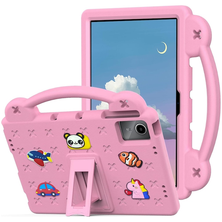 Husa pentru tableta, Supero, Lenovo, compatibila Lenovo Tab M11 TB-330FU/TB-331FC/K11E, protectie la socuri cu structura rezistenta, cu suport incorporat si decupaje precise pentru porturi si difuzoare, pentru copii, roz