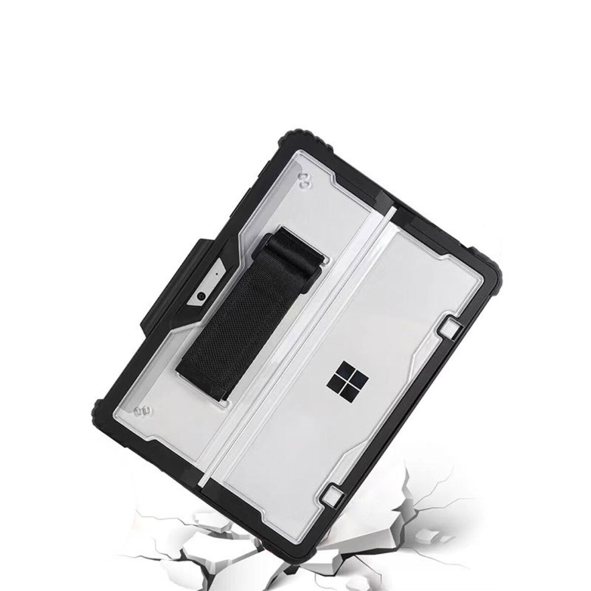 Husa antisoc, Supero, compatibil Microsoft Surface Go, protectie cu colturi intarite, material TPU + PC, suport pentru Surface Pen, permite utilizare kickstand si tastatura cover, curea de mana integrata, decupaje precise, negru