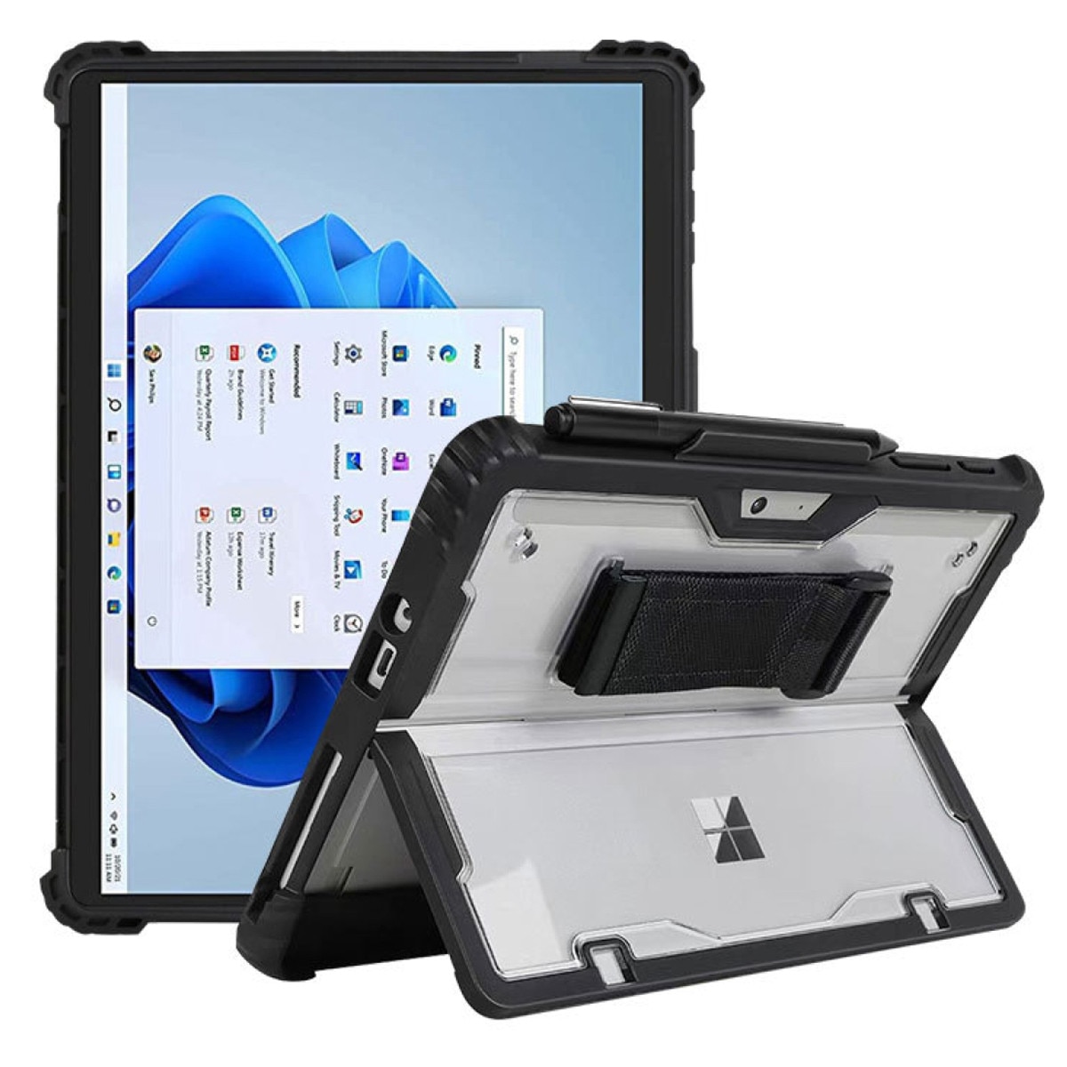 Husa antisoc, Supero, compatibil Microsoft Surface Go, protectie cu colturi intarite, material TPU + PC, suport pentru Surface Pen, permite utilizare kickstand si tastatura cover, curea de mana integrata, decupaje precise, negru