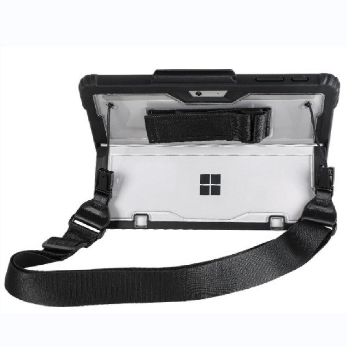 Husa antisoc, Supero, compatibil Microsoft Surface Go, protectie cu colturi intarite, material TPU + PC, suport pentru Surface Pen, permite utilizare kickstand si tastatura cover, curea de mana integrata, decupaje precise, negru