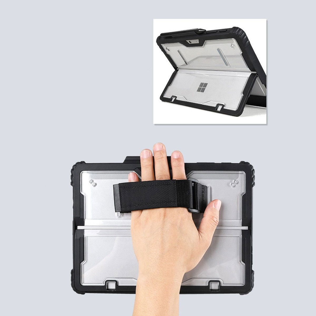 Husa antisoc, Supero, compatibil Microsoft Surface Go, protectie cu colturi intarite, material TPU + PC, suport pentru Surface Pen, permite utilizare kickstand si tastatura cover, curea de mana integrata, decupaje precise, negru