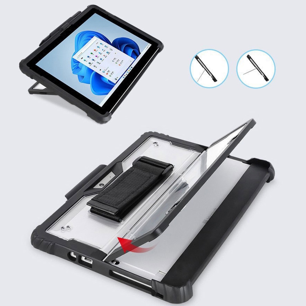 Husa antisoc, Supero, compatibil Microsoft Surface Go, protectie cu colturi intarite, material TPU + PC, suport pentru Surface Pen, permite utilizare kickstand si tastatura cover, curea de mana integrata, decupaje precise, negru