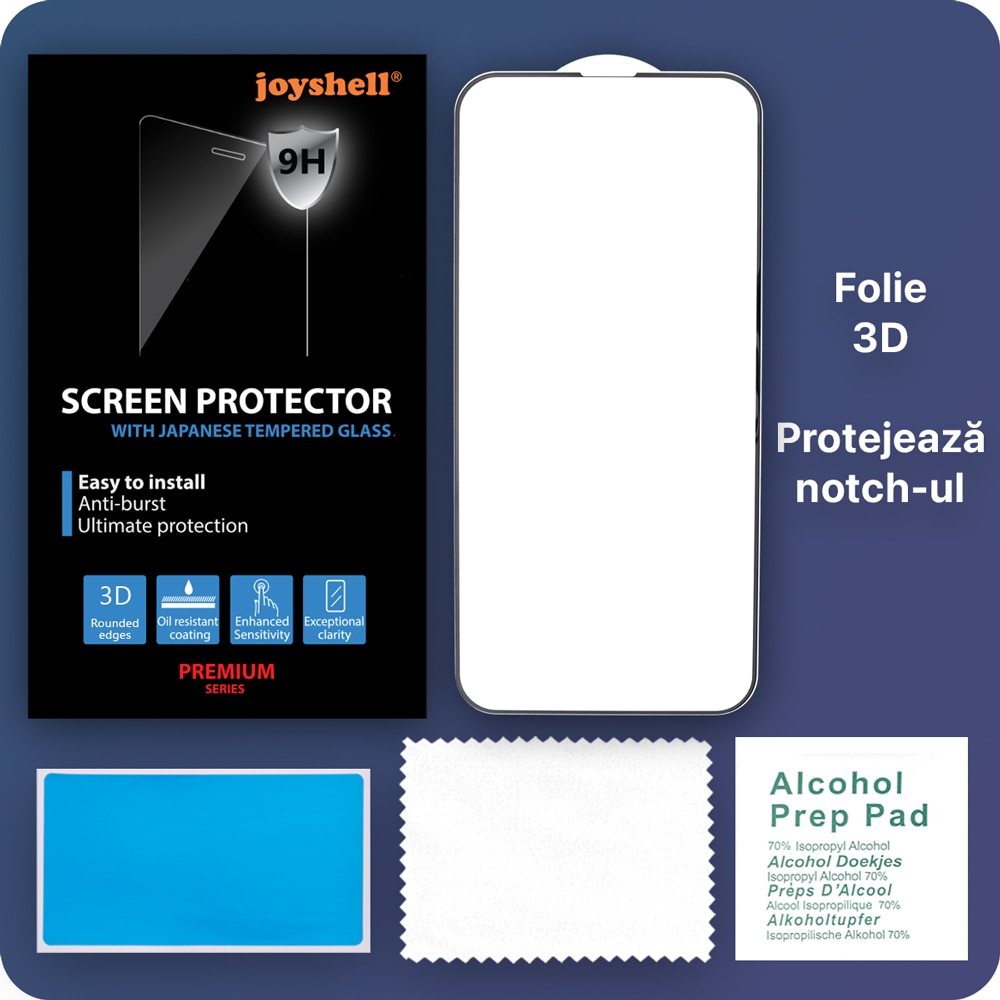 Folie Sticla Joyshell, compatibila cu Apple iPhone 13, Protectie Ecran 3D, Full Glue, Full Cover, Negru