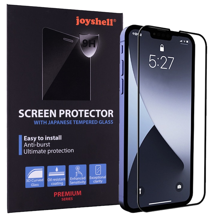 Folie Sticla Joyshell, compatibila cu Apple iPhone 13, Protectie Ecran 3D, Full Glue, Full Cover, Negru