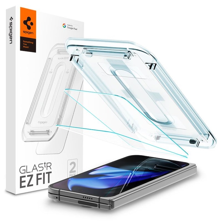 Set 2 folii sticla cu sistem de montare Case friendly Spigen GLAStR EZ FIT compatibil cu Google Pixel 9 Pro Fold, Transparent