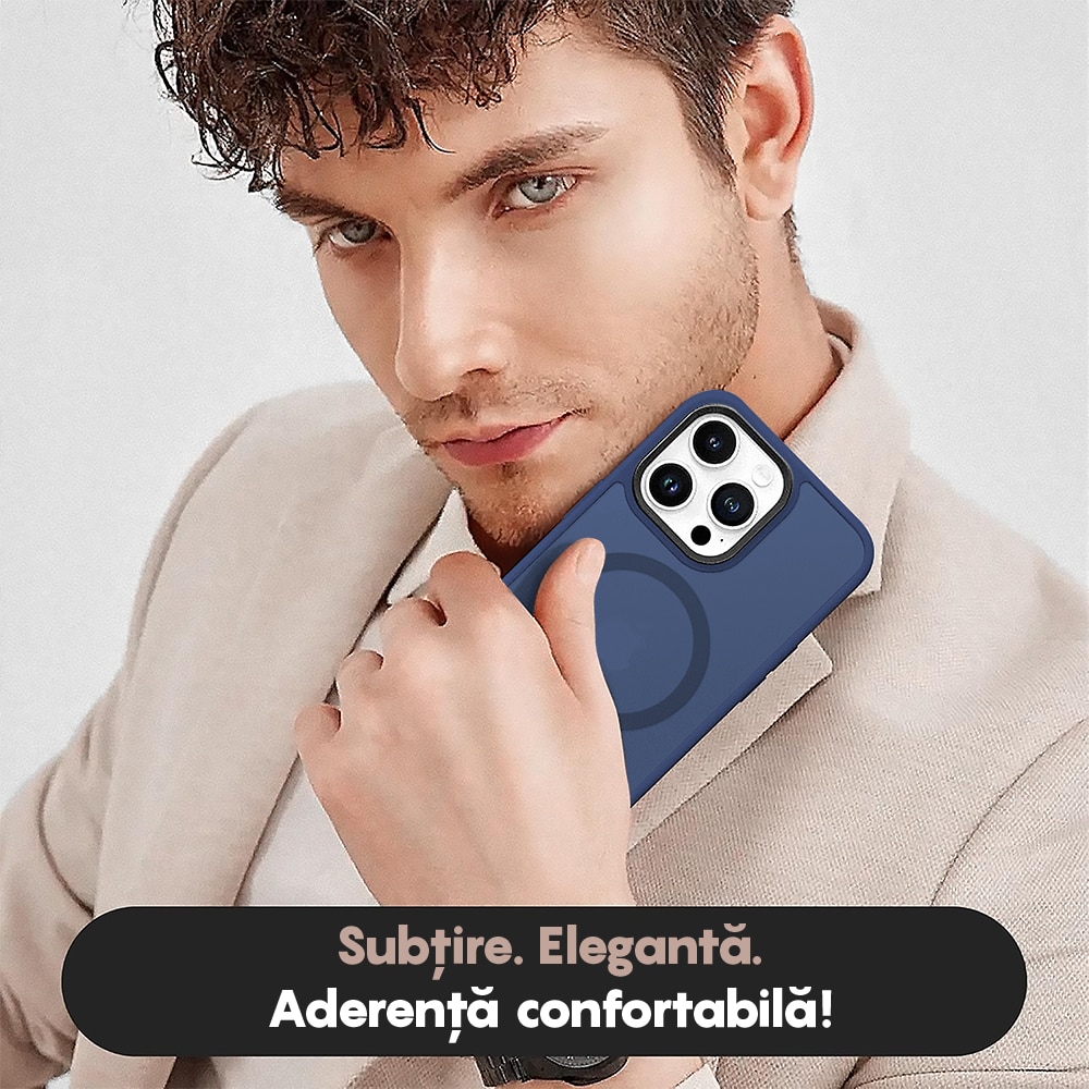 Husa compatibila cu Incarcare Magsafe compatibila cu iPhone 13 Pro, CASEY STUDIOS™, de Protectie, Slim, pentru Incarcare Wireless, Margini Ridicate de Protectia Ecranului si a Camerelor, Albastru Inchis