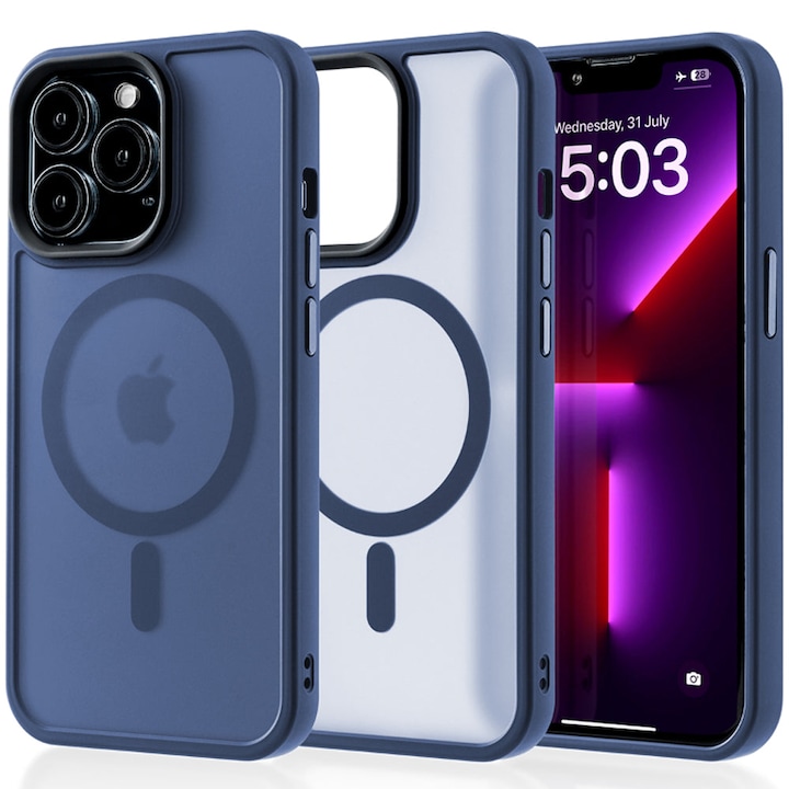Husa compatibila cu Incarcare Magsafe compatibila cu iPhone 13 Pro, CASEY STUDIOS™, de Protectie, Slim, pentru Incarcare Wireless, Margini Ridicate de Protectia Ecranului si a Camerelor, Albastru Inchis