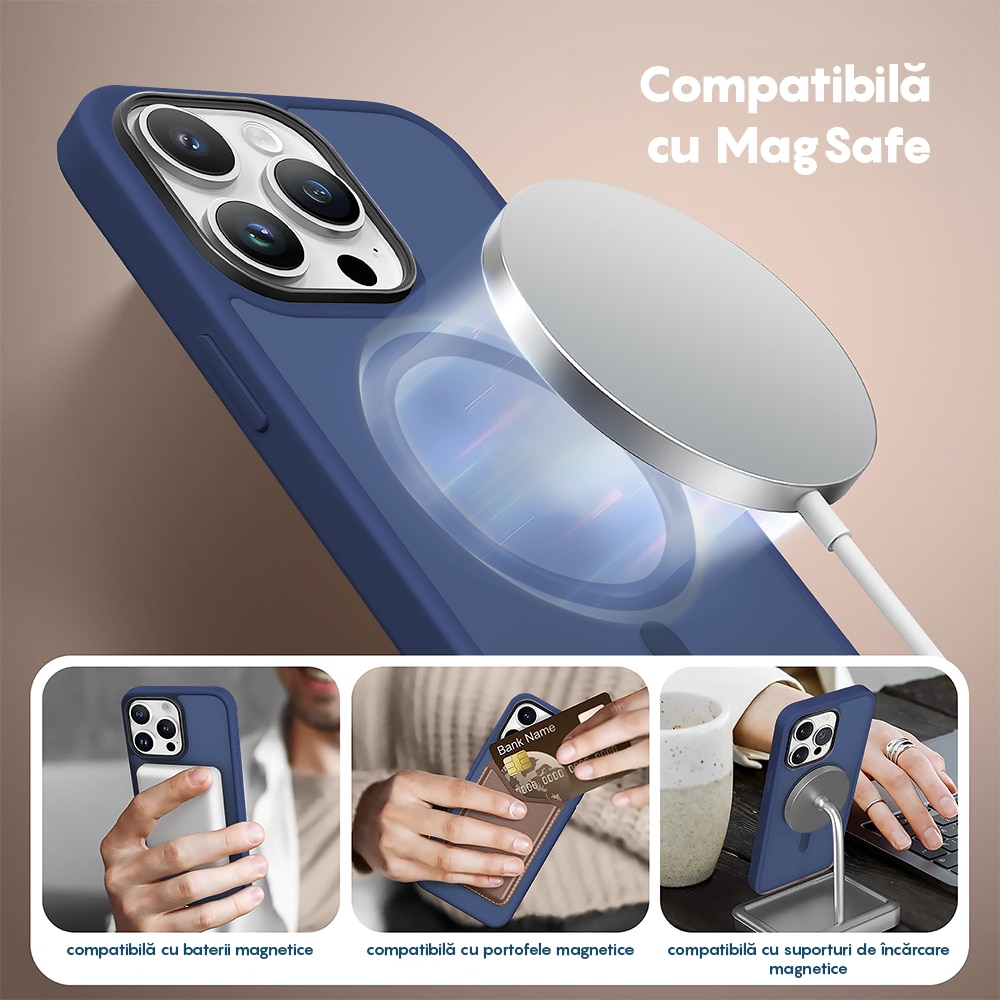 Husa compatibila cu Incarcare Magsafe compatibila cu iPhone 13 Pro, CASEY STUDIOS™, de Protectie, Slim, pentru Incarcare Wireless, Margini Ridicate de Protectia Ecranului si a Camerelor, Albastru Inchis
