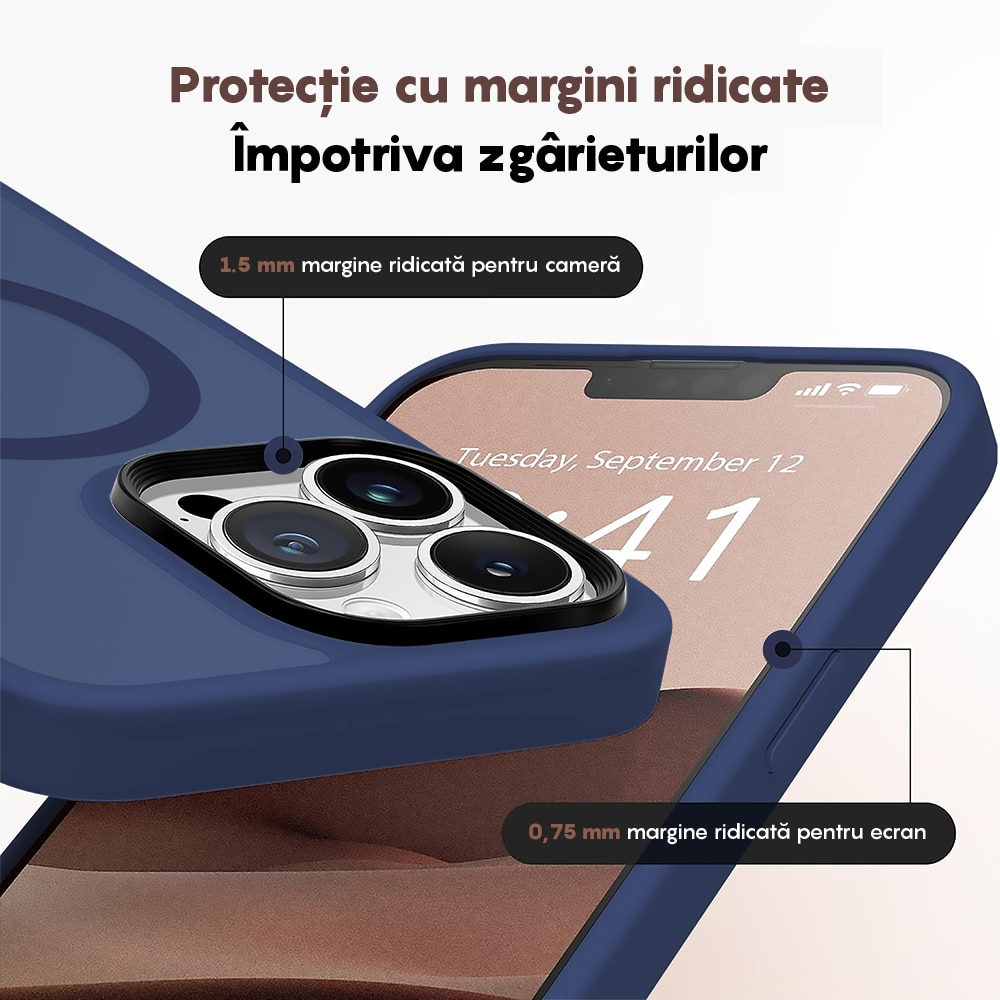 Husa compatibila cu Incarcare Magsafe compatibila cu iPhone 13 Pro, CASEY STUDIOS™, de Protectie, Slim, pentru Incarcare Wireless, Margini Ridicate de Protectia Ecranului si a Camerelor, Albastru Inchis