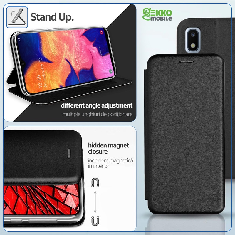 Husa pentru Samsung Galaxy A10 / M10, tip carte, inchidere Magnetica, buzunar Card, Functie Stand, Piele-Eco cu interior Microfibra, Flip Open, Neagra