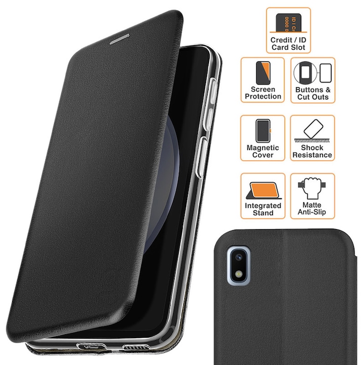 Husa pentru Samsung Galaxy A10 / M10, tip carte, inchidere Magnetica, buzunar Card, Functie Stand, Piele-Eco cu interior Microfibra, Flip Open, Neagra