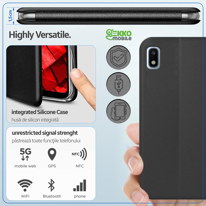 Husa pentru Samsung Galaxy A10 / M10, tip carte, inchidere Magnetica, buzunar Card, Functie Stand, Piele-Eco cu interior Microfibra, Flip Open, Neagra