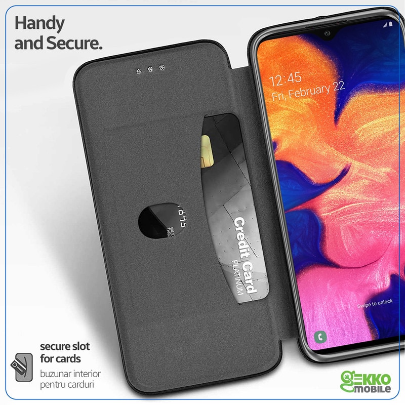 Husa pentru Samsung Galaxy A10 / M10, tip carte, inchidere Magnetica, buzunar Card, Functie Stand, Piele-Eco cu interior Microfibra, Flip Open, Neagra