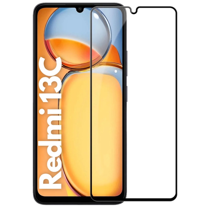 Folie protectie, compatibila cu Xiaomi Redmi 13C, Sticla securizata, Acoperire completa, Duritate 9H, Pelicula adeziv Full Surface, Anti-dust, Case Friendly, Montare usoara, Transparenta