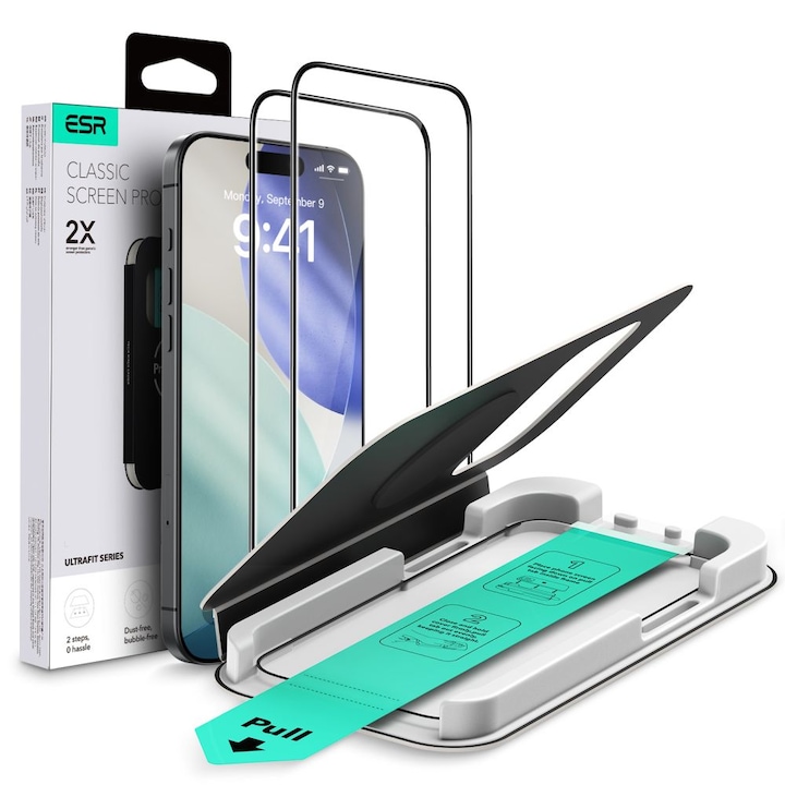 Set 2 folii sticla ESR UltraFit Tempered Glass, Kit montare inclus, compatibila cu iPhone 17 Pro Max, Transparent