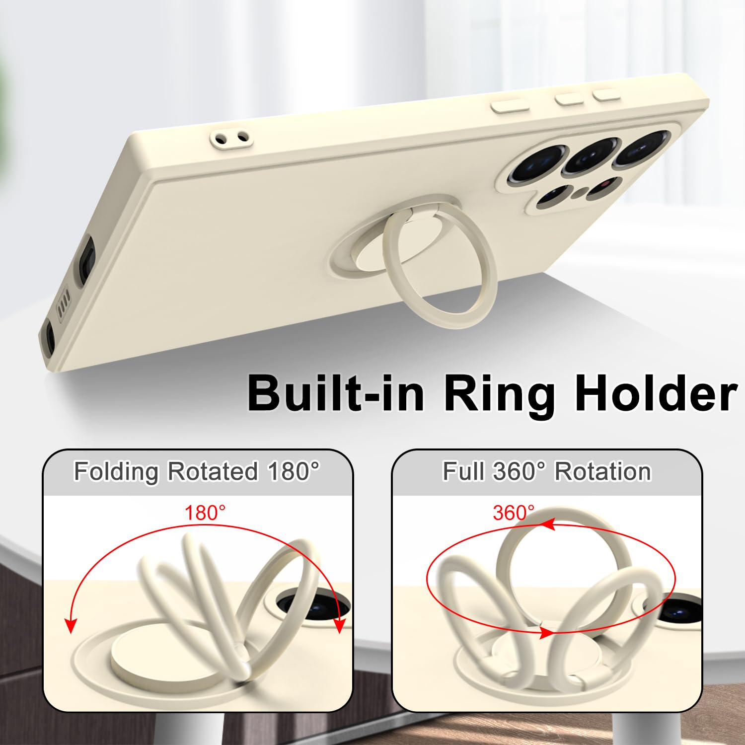 Husa telefon, pentru Samsung Galaxy S24 Ultra 5G Silicon lichid Margini flexibile Anti-zgarieturi si inel circular rezistent la socuri， Alb crem