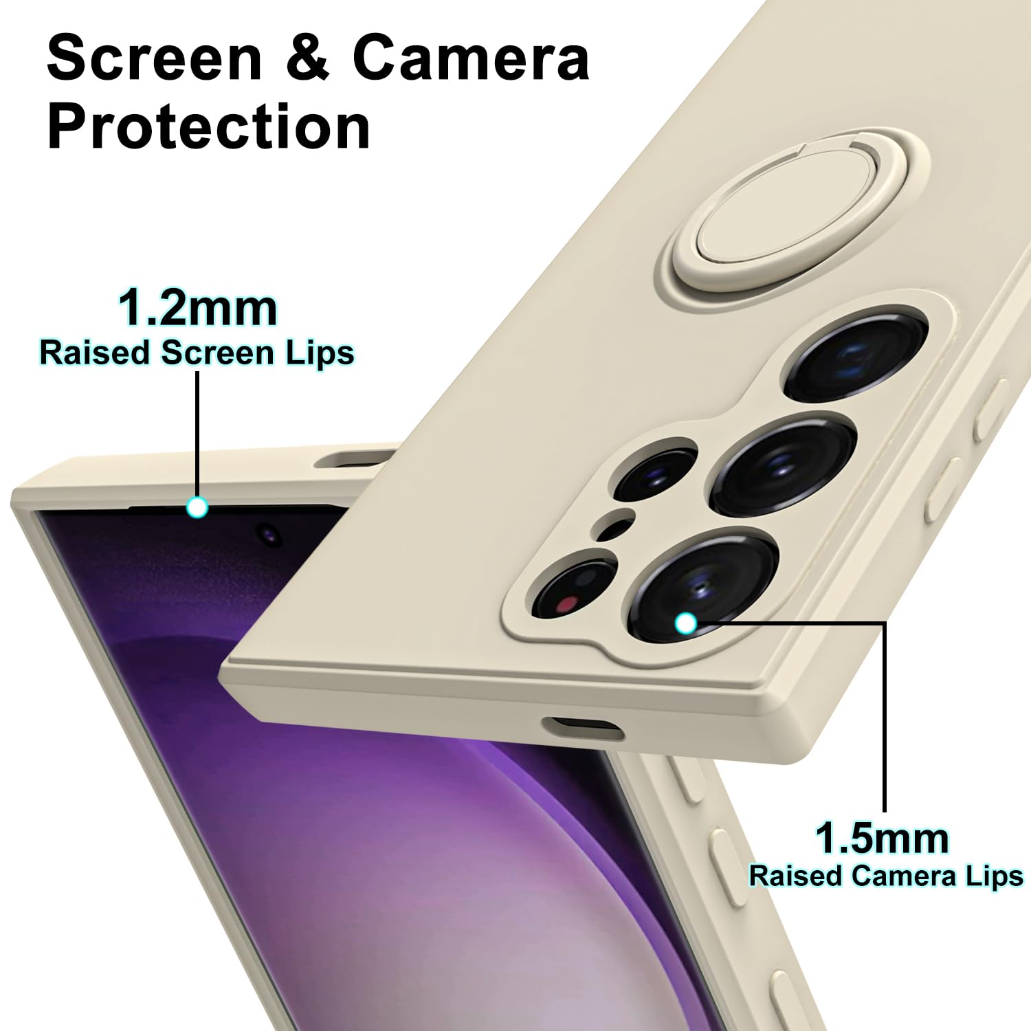 Husa telefon, pentru Samsung Galaxy S24 Ultra 5G Silicon lichid Margini flexibile Anti-zgarieturi si inel circular rezistent la socuri， Alb crem