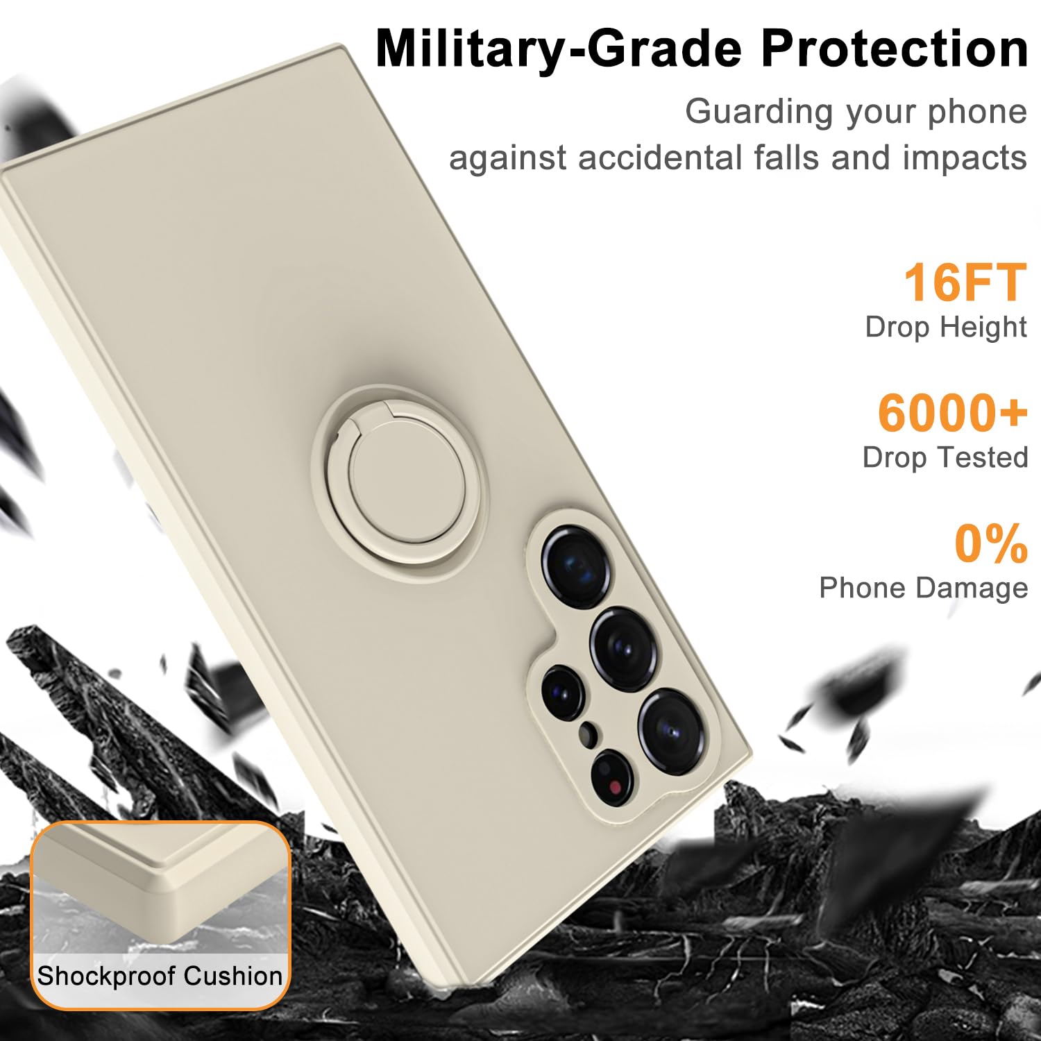 Husa telefon, pentru Samsung Galaxy S24 Ultra 5G Silicon lichid Margini flexibile Anti-zgarieturi si inel circular rezistent la socuri， Alb crem
