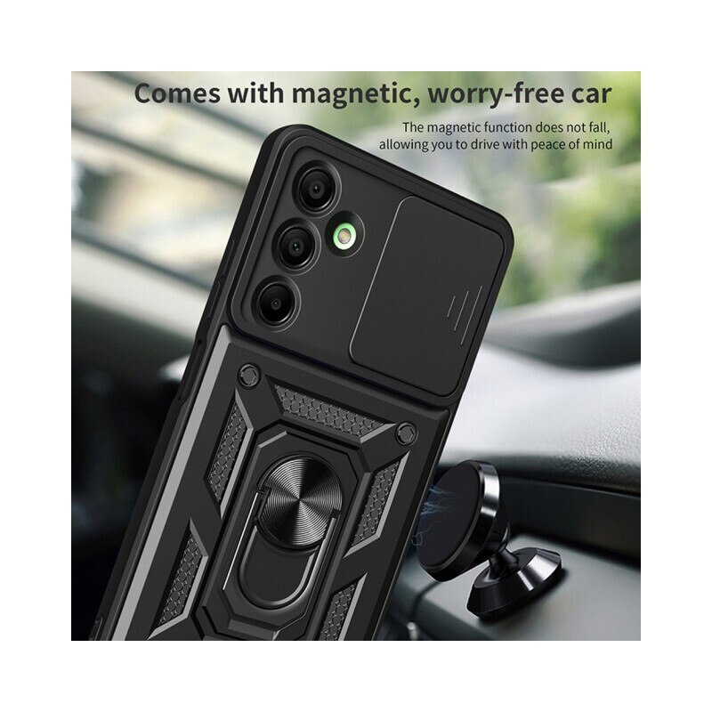 Husa Spate Upzz® Camshield Compatibila Cu Samsung Galaxy A16 4G / A16 5G, Protectie La Camere, Inel Metalic, Stand - Black
