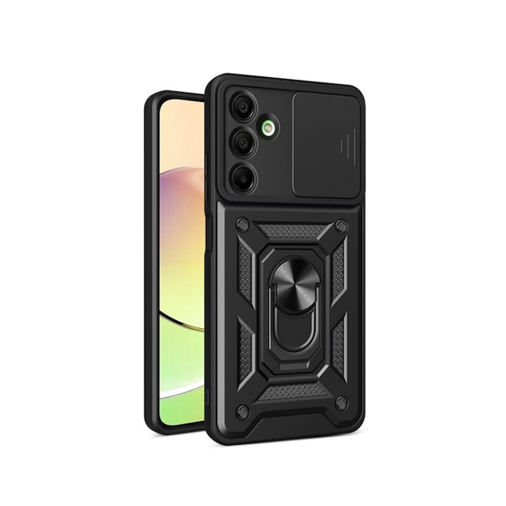 Husa Spate Upzz® Camshield Compatibila Cu Samsung Galaxy A16 4G / A16 5G, Protectie La Camere, Inel Metalic, Stand - Black