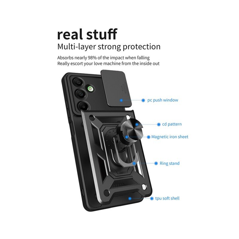 Husa Spate Upzz® Camshield Compatibila Cu Samsung Galaxy A16 4G / A16 5G, Protectie La Camere, Inel Metalic, Stand - Black